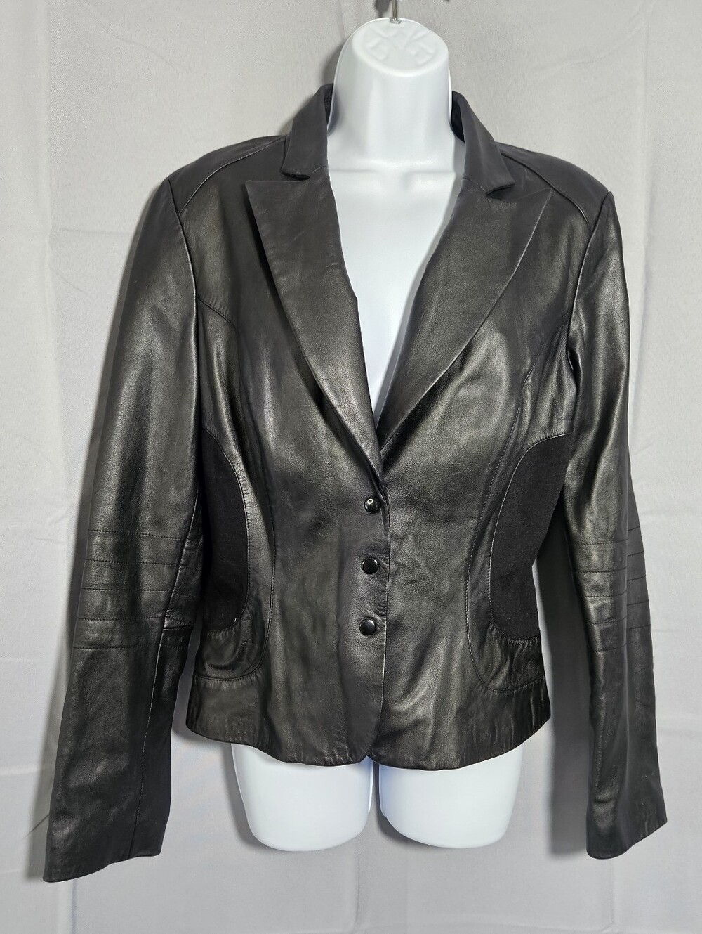 Caché Vtg 90s Y2K Office Goth Black Lamb Leather Blazer Jacket Fitted Moto Sz 12